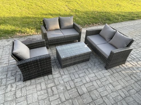 Fimous Wicker Rattan Garden Furniture Sofa Set with Rectangular Coffee Table Double Seat Sofa Chair 5 Seater Outdoor Rattan Set Dark Grey Mixed