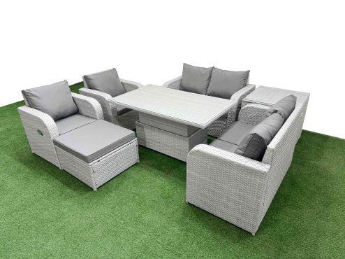 Fimous 7 Seater Outdoor Reclining Chair Love Sofa Set Rattan Garden Furniture Set with Adjustable Lifting Dining or Coffee Table Footstool Side Table Light Grey