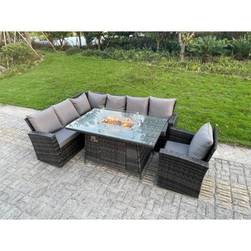 Fimous Outdoor Rattan Corner Sofa Garden Furniture High Back Sofa Set Gas Fire Pit Dining Table Gas Heater Burner Arm Chair 7 Seater