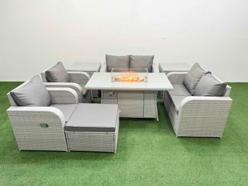Fimous 7 Seater Outdoor Reclining Chair Love Sofa Set Rattan Garden Furniture Set with Firepit Dining Table Footstool 2 Side Tables Light Grey