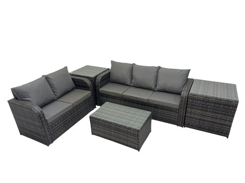 Fimous Outdoor Love Sofa 3 Seater Sofa Coffee Table Set Garden Rattan Furniture Set 5 Seater with 2 Side Tables Dark Grey