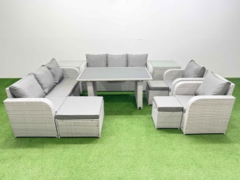 Fimous 11 Seater Wicker PE Rattan Furniture Outdoor Dining Table 3 Seater Sofa Reclining Chair Set with 2 Side Tables 3 Stools Light Grey
