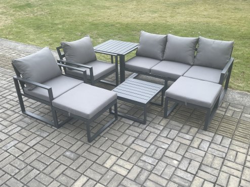 Fimous Aluminium Outdoor Lounge Sofa Set Garden Furniture Sets with Square Coffee Table 2 Chairs 2 Big Footstools Side Table Dark Grey 7 Seater