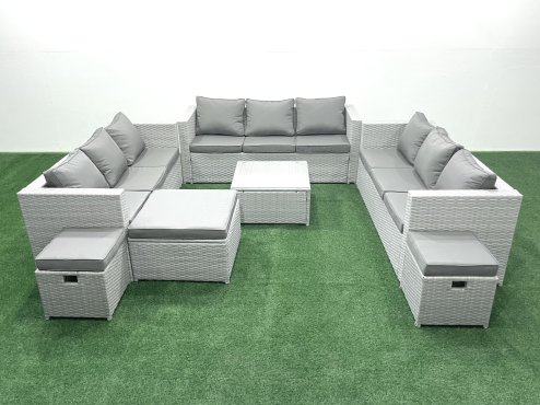 Fimous Rattan Garden Outdoor Furniture Set 12 Seater Rattan Garden Sofa Set with 3 Footstools Light Grey Mixed