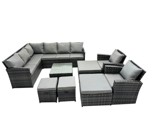 Fimous 12 Seat Poly Rattan Outdoor Patio Coffee Table Corner Sofa Set with 4 Stools 2 Chairs for Garden Backyard Dark Grey Mixed