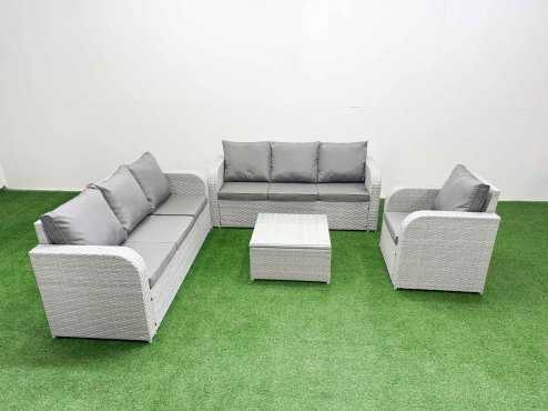 Fimous 7 Seater Poly Rattan Outdoor Garden Furniture Square Coffee Table Sofa Set Patio 3 Seater Sofa Reclining Chair 3 Seater Sofa Light Grey