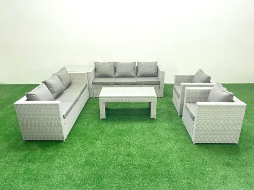 Fimous Outdoor Garden Furniture Rattan Sofa Set with 2 Armchairs Oblong Coffee Table Side Table Light Grey Mixed