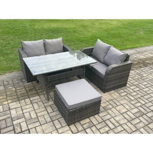 Fimous Garden Patio Furniture Wicker Rattan Oblong Rectangular Dining Table and Loveseat Sofa set with Big Footstool Dark Grey Mixed