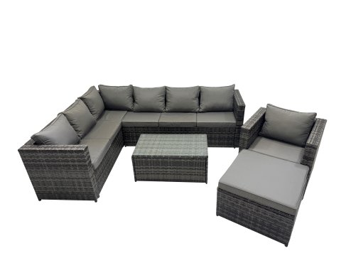 Fimous Outdoor Rattan Rectangular Coffee Table Corner Sofa Sets Garden Furniture Set with Big Stool Dark Grey Mixed