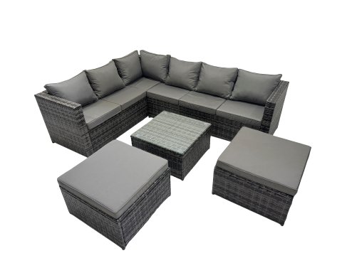 Fimous Rattan Garden Furniture Patio Furniture Sets with Corner Sofa Square Coffee Table 2 Big Footstools Dark Grey Mixed