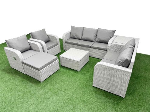 Fimous PE Rattan Garden Furniture Set Adjustable Chair Sofa Double Love Seat 2 Seater Sofa Lounge Set Square Coffee Table Big Footstool Side Table Light Grey