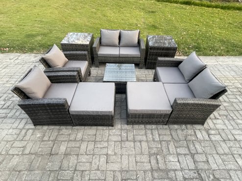Fimous Outdoor Garden Furniture Sets 9 Pieces Wicker Rattan Furniture Manual Wicker Patio Sofa Patio Conversation Set with 2 Big Footstool 2 Side Tables Dark Grey Mixed