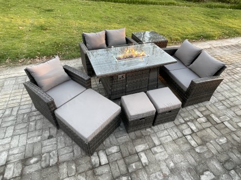 Fimous 8 Seater Rattan Outdoor Garden Furniture Gas Fire Pit Table Sets Gas Heater with Love Sofa Armchair 3 Footstools Side Table Dark Mixed Grey