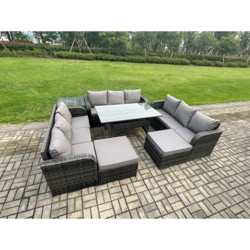 Fimous Wicker PE Rattan Sofa Outdoor Garden Furniture Set with Rectangular Dining Table 2 Big Footstool Side Table Dark Grey Mixed