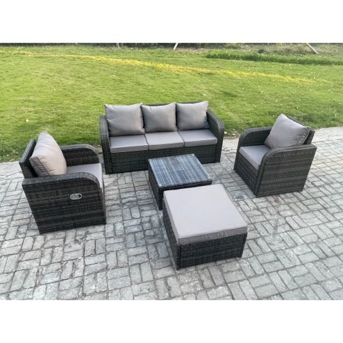 Fimous Garden Furniture Sets 6 Seater Wicker Rattan Furniture Patio Sofa Sets with Reclining Chair 3 Seater Sofa Big Footstool Dark Grey Mixed