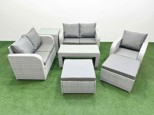 Fimous High Back Poly Rattan Garden Furniture Set with Reclining Chair Loveseat Sofa Oblong Coffee Table Indoor Outdoor Patio Set 2 Big Stool Side Table Light Grey