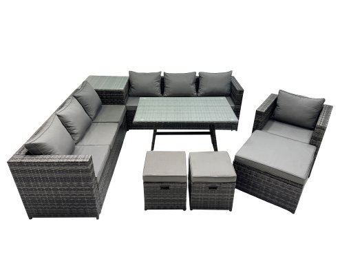 Fimous Outdoor Corner Sofa Chair Dining Table Set Garden Rattan Furniture Set 10 Seater with Side Table 3 Stools Dark Grey