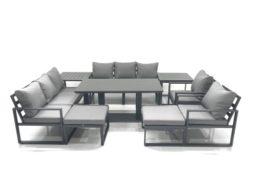 Fimous Garden Sofa Set Aluminium Furniture Rising Dining Tabe Set with 2 Chair 2 Big Footstools 2 Side Table Dark Grey
