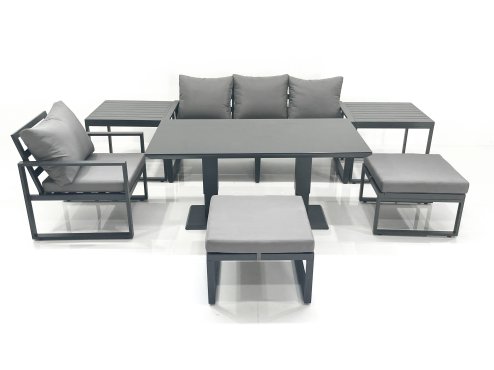 Fimous 6 Seater Garden Sofa Set Aluminium Furniture Rising Dining Tabe Set with Chair 2 Big Footstool 2 Side Tables Dark Grey