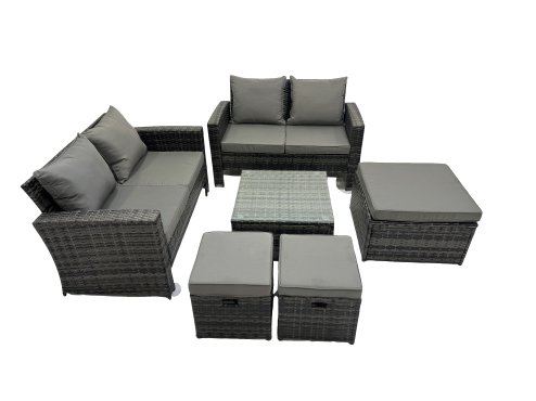Fimous PE Rattan Garden Furniture Set Lounge Double Seat Sofa Coffee Table Set with 3 Stools Dark Grey Mixed