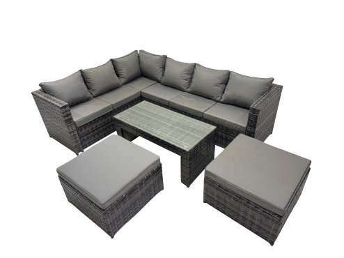 Fimous 5 Pieces Outdoor PE Rattan Garden Furniture Corner Sofa Oblong Coffee Table Set with Cushions 2 Big Footstools Dark Grey Mixed