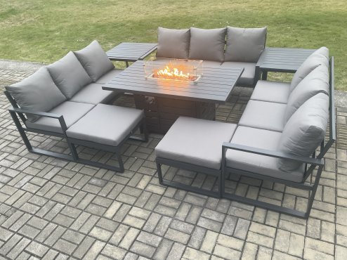 Fimous Aluminium 11 Seater Garden Furniture Outdoor Set Patio Lounge Sofa Gas Fire Pit Dining Table Set with 2 Big Footstools 2 Side Tables Dark Grey