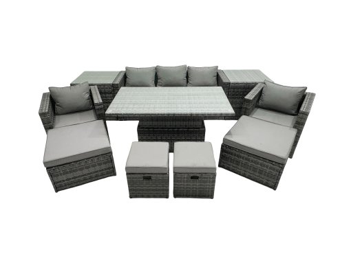 Fimous PE Rattan Garden Furniture Set Lounge Sofa Rising Dining Table Set with 2 Side Tables 4 Footstool Dark Grey Mixed