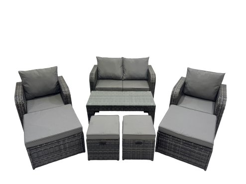 Fimous 3 Seater Sofa Reclining Chair Coffee Table Set Rattan Garden Outdoor Furniture Set with 4 Stool Dark Grey Mixed