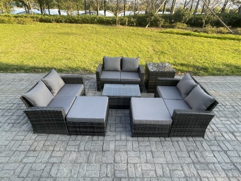 Fimous 7 pc Rattan Sofa Garden Furniture Outdoor Patio Set with Side Tables 2 Big Footstool Love Seat Sofa Dark Grey Mixed