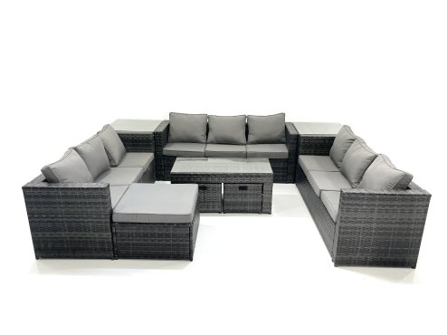 Fimous Outdoor Garden Furniture Set 9 Pieces Rattan Sofa Set with Coffee Table 3 Footstools Side Table Dark Grey Mixed