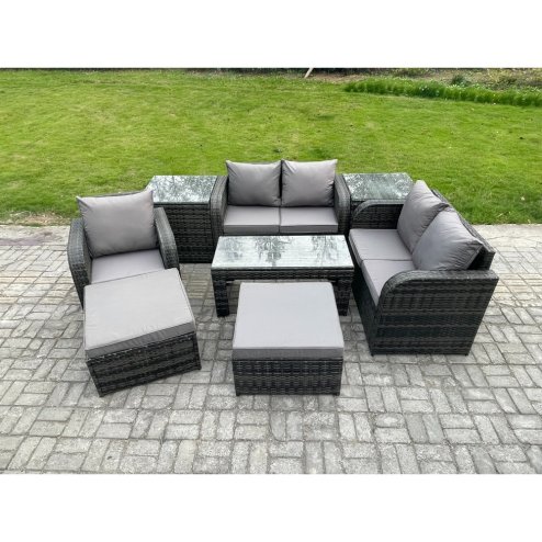 Fimous 8 Pcs Rattan Outdoor Garden Furniture Sofa Set Patio Table & Chairs Set with 2 Side Tables 2 Big Footstool Dark Grey Mixed