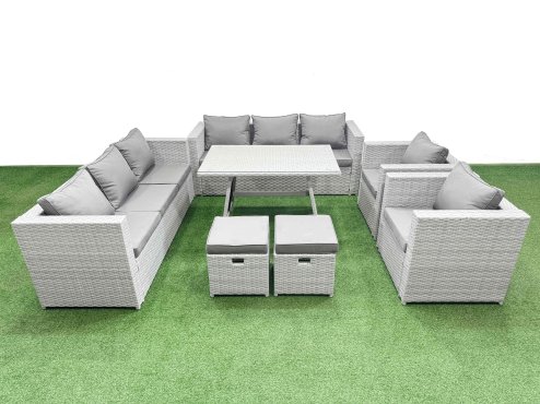 Fimous 10 Seater Garden Furniture Set PE Ratten Garden Sofa Set with Rectangular Dining Table 2 Small Stools Light Grey
