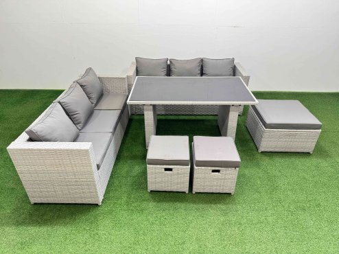 Fimous Rattan Garden Furniture Dining Set 9-seater Patio Rectangular Table Sofa Set with 3 Stools Light Grey