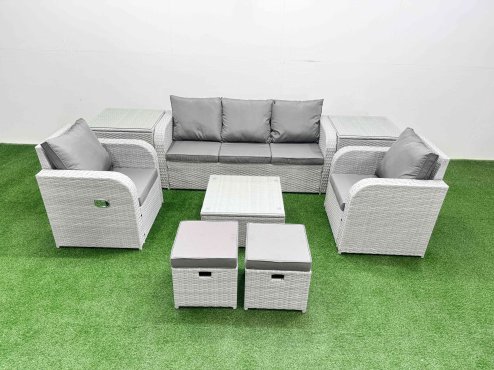 Fimous PE Rattan Garden Furniture Set Reclining Chair Sofa Lounge Sofa Set Square Coffee Table 2 Side Table 2 Small Stools Light Grey