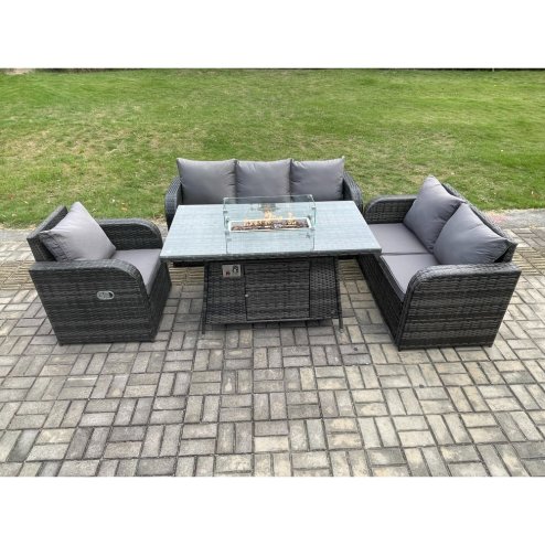 Fimous Rattan Garden Furniture Set with Fire Pit Table 6 Seater Outdoor Lounge Sofa Set Dark Grey Mixed