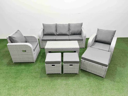Fimous PE Rattan Garden Furniture Set Reclining Chair Sofa Lounge Sofa Set Rectangular Coffee Table 3 Stools Light Grey