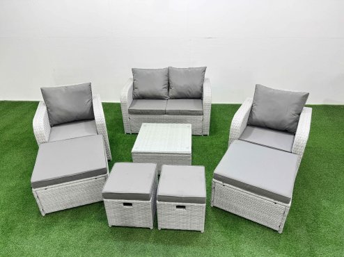 Fimous Outdoor Garden Furniture Set PE Rattan Love Sofa Reclining Chair Set with Coffee Table 4 Footstools Light Grey