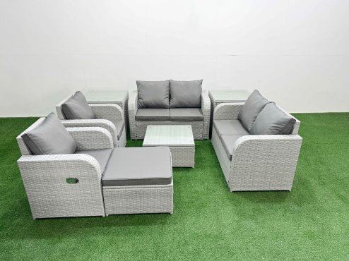 Fimous 7 Seater Outdoor Reclining Chair Love Sofa Set Rattan Garden Furniture Set with Square Coffee Table Footstool 2 Side Tables Light Grey