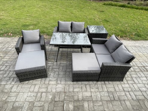 Fimous Garden Dining Set Wicker PE Rattan Outdoor Furniture Sofa with Rectangular Dining Table Double Seat Sofa Side Table 2 Big Footstool Dark Grey Mixed