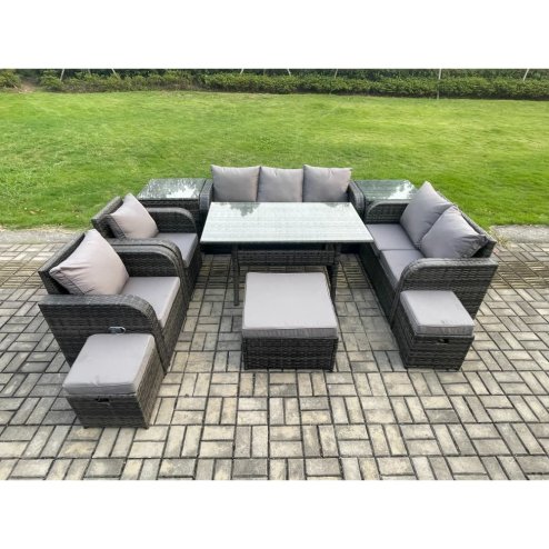 Fimous 10 Seater Garden Rattan Furniture Dining Table Sofa Set Indoor Outdoor with 2 Reclining Chairs 2 Side Tables 3 Footstools Dark Grey Mixed