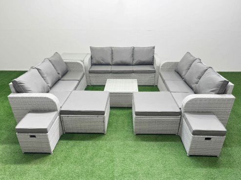 Fimous 13 Seater Outdoor Garden Furniture Set PE Rattan Lounge Sofa Set with Coffee Table 3 Seater Sofa 4 Footstools Side Table Light Grey