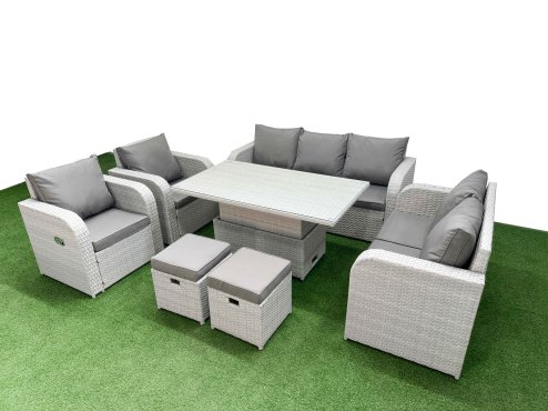 Fimous PE Rattan Garden Furniture Set Reclining Chair Sofa Double Love Seat 2 Seater Sofa Lounge Set Adjustable Lifting Dining or Coffee Table 2 Stools Light Grey