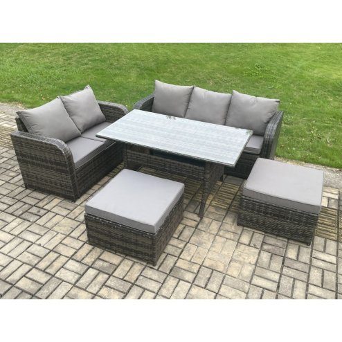 Fimous Outdoor Garden Patio Furniture Wicker Rattan Oblong Rectangular Dining Table and Lounge Sofa set with 2 Big Footstool Dark Grey Mixed