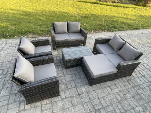 Fimous Garden Furniture Sets 6 Pieces Outdoor Rattan Furniture Manual Wicker Patio Sofa Chair Set with Coffee Table Big Footstool Dark Grey Mixed