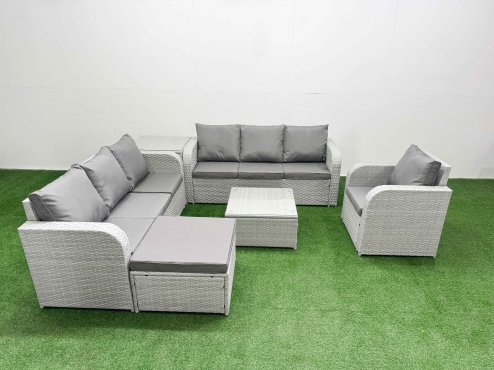 Fimous 8 Seater Poly Rattan Outdoor Garden Furniture Square Coffee Table Sofa Set Patio 3 Seater Sofa Reclining Chair 3 Seater Sofa Big Footstool Side Table Light Grey
