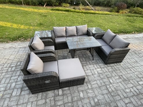 Fimous 8 Seater High Back PE Rattan Sofa Set Outdoor Garden Furniture Dining Table Set With Reclining Chair 3 Seater Sofa Love Sofa 2 Side Tables Big Footstool
