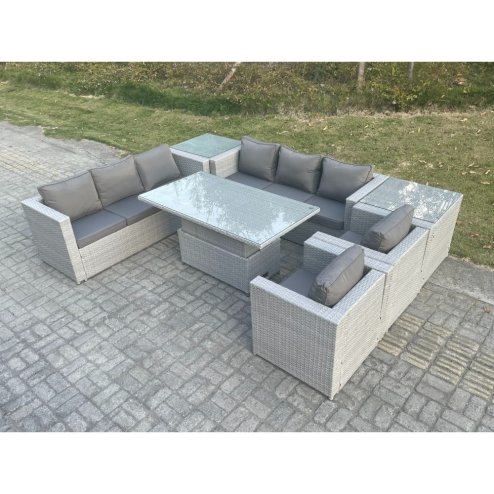 Fimous Rattan Garden Funiture Set Adjustable Rising Lifting Table Sofa Dining Set Lounge Sofa 2 Arm Chair 2 Side Table