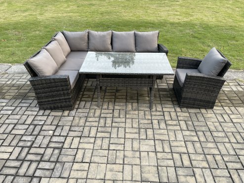 Fimous 7 Seater Garden Rattan Furniture Corner Dining Set Indoor Outdoor Lounge Sofa Set Dark Grey Mixed