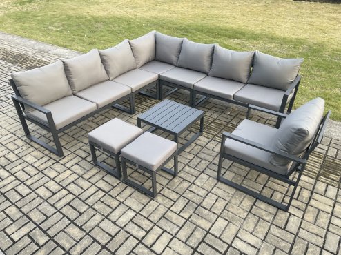 Fimous Aluminium Outdoor Garden Furniture Set Lounge Corner Sofa Chair Square Coffee Table Sets with 2 Small Footstools Dark Grey