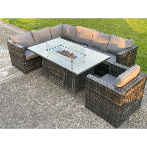 Fimous Outdoor Corner Rattan Garden Furniture Set Gas Fire Pit Table Sets Gas Heater Lounge Chair Dark Grey 7 Seater